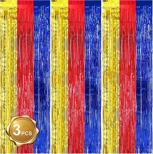 BEISHIDA 3 Pcs Red Blue Gold Door Streamers Curtain Birthday Party Streamers Backdrop Happy Birthday Party Wall Background for Party Decoration Photo Booth Props(3.28 ft x 6.56 ft)