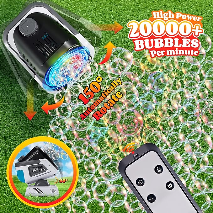 Belemar Upgraded Bubble Machine with Remote Control, Automatic Rotation & RGB Lights, 1800mAh Rechargeable Battery, Type-C Charge, Bubble Maker for Kids, Weddings, Birthday Parties, Outdoor Activities