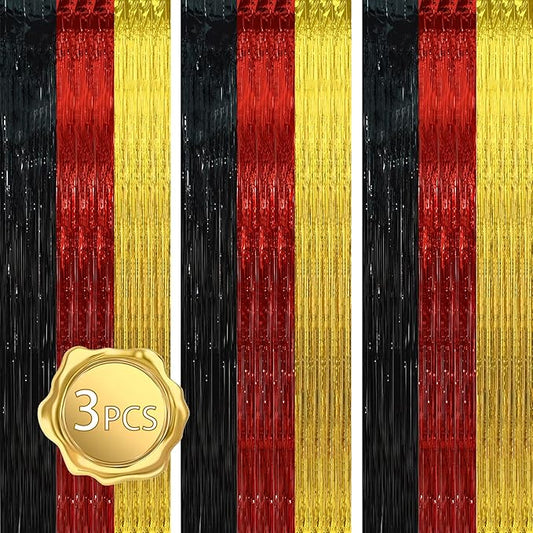 BEISHIDA 3Pcs Black Red Gold Door Streamer Colorful Backdrop Foil Fringe Tinsel Curtains Cartoon Mouse Backdrops for Birthday Baby Shower Children's Day New Year Party Decoration (3.28 ft x 6.56 ft)