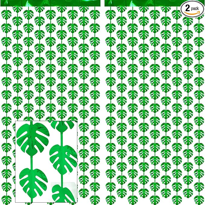 2 Packs Jungle Leaf Foil Fringe Curtain, Green Glitter Tropical Palm Leaves Metallic Tinsel Backdrop for Safari Birthday, Baby Shower, Hawaiian Aloha Luau Party Decorations Supplies