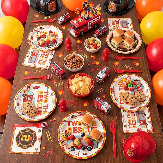Haooryx Two the Rescue Party Tableware - 96Pcs Firefighter 2nd Birthday Decoration Red Yellow Fire Truck Themed Disposable Plates Napkins Forks for Kids 2 Years Old Birthday Party Table Decor Supply