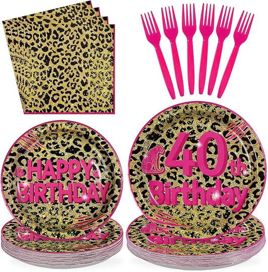 96Pcs Cheetah Print 40th Birthday Party Supplies Pink Animal Leopard Print Plates and Napkins Leopard Happy 40th Birthday Tableware Set for Girls Safari Animal Party Decorations Serves 24