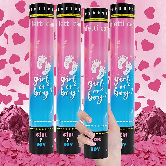 Crisky Gender Reveal Confetti Cannon Heart Shaped Confetti Poppers 4 Pack (Pink) for Baby Shower Baptism Party Cannons Shooter Blaster