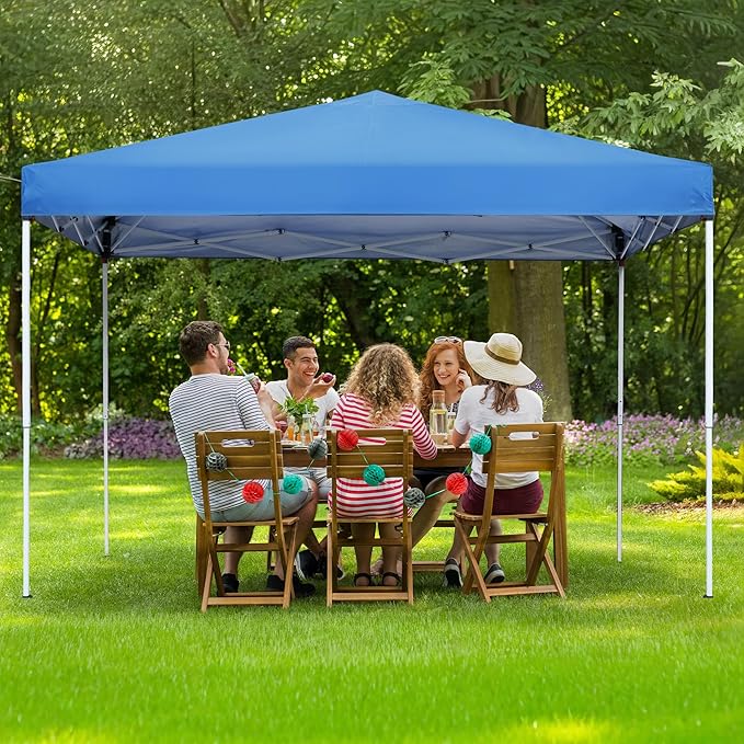 JupiterForce 10 x 10 Pop Up Height Adjustable Canopy Tent Sun Protection Waterproof Instant Shelter Portable Folding Canopy with Ropes Stakes Roller Carry Bag, Blue