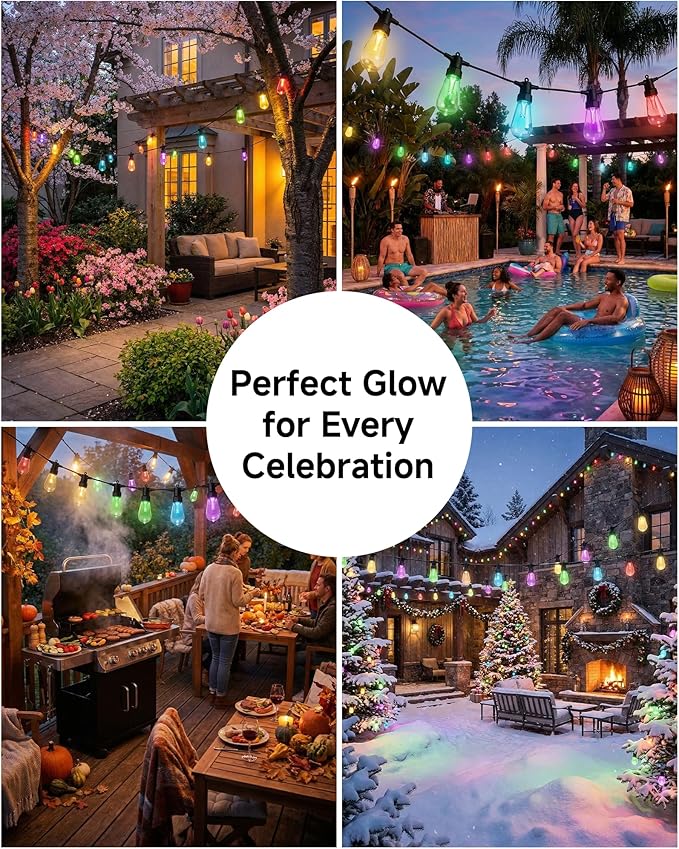 100FT Smart Outdoor String Lights, 2-Pack Color Changing ST48 Multi-color LED Patio Lights with Magic Lantern App, IP66 Waterproof Shatterproof Hanging Decor Lights for Large Backyard Garden