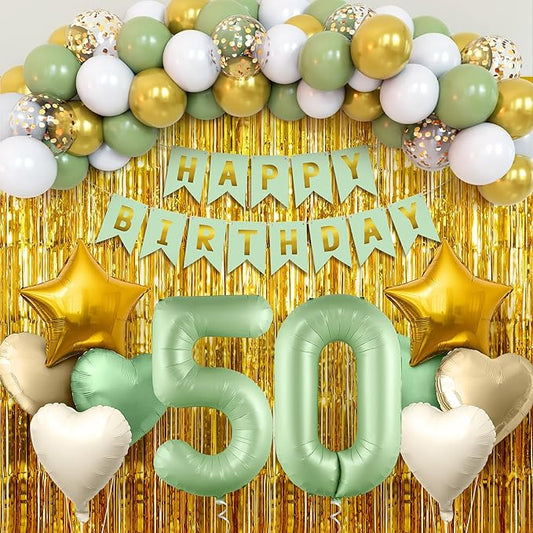 KatchOn, Sage Green 50th Birthday Decorations Set – Pack of 49 | Sage Green 50 Balloon Numbers, Star, Heart and Confetti Balloons, Gold Fringe Backdrop for 50 Birthday Decorations for Women, Men