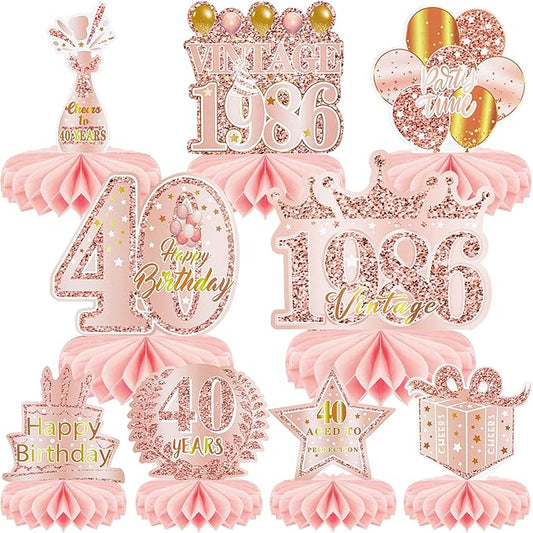 9 Pcs 40th Birthday Decoration for Women Happy 40th Birthday Table Honeycomb Decorations Rose Gold Pink Centerpieces Tables Toppers1986 Decor Cheers to 40 Years Old Birthday Party Favors