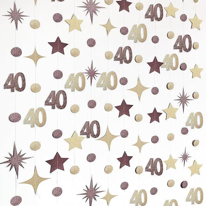 Champagne Gold Brown 40th Birthday Decorations Number 40 Circle Dot Star Garland Streamer Banner Backdrop for Women Men Forty Fabulous Cheers to 40 Years Old Birthday 40th Anniversary Party Supplies