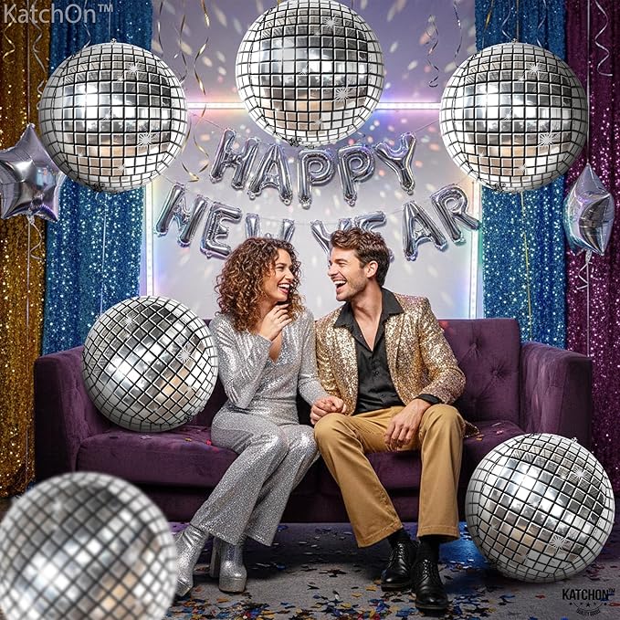 KatchOn, Silver Disco Ball Balloons - Huge 22 Inch, Pack of 6 | 4D Sphere Balloons for Disco Party Decorations | Silver Birthday Decorations | Retro Party Decoration, 70's Theme Party, Anniversary