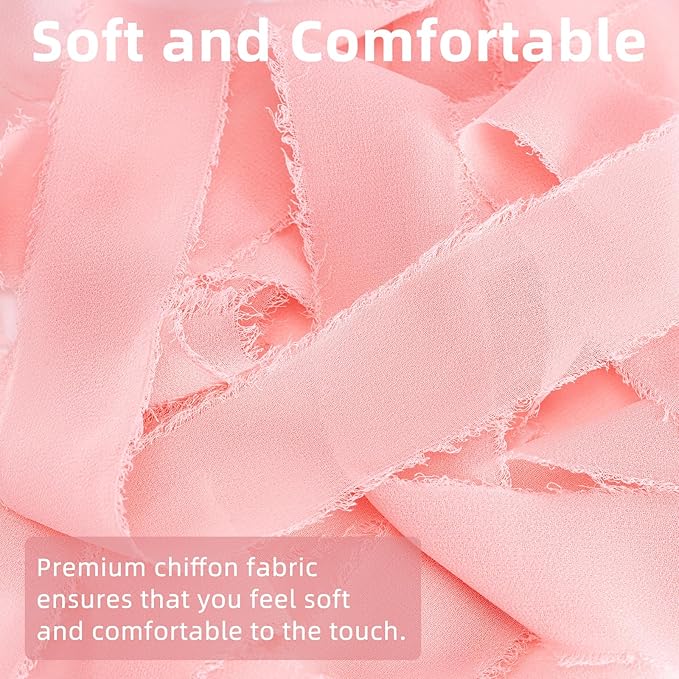 Husfunov Blush Pink Handmade Chiffon Ribbon,1.5Inch x 3 Rolls Total 24 Yards Blush Pink Fringe Chiffon Silk Ribbon,for Wrapping Wedding Invitations,Bridal Bouquets,DIY Crafts,Home Decor and More