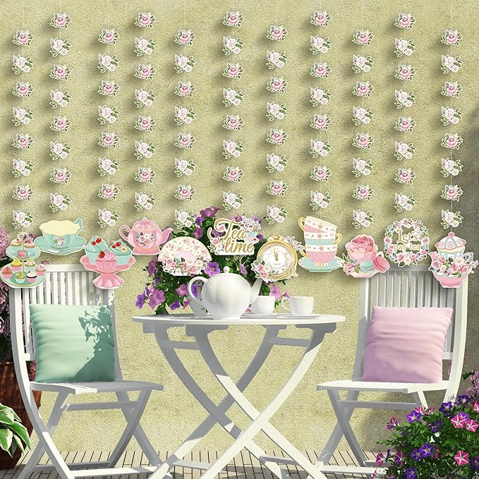 Fullhawl 12 Pack 32'' Tea Party Decorations Floral Double Sided Hanging Garland Floral Tea Party Banner Hanging Decorations for Bridal Shower Princess Birthday Wedding Favors