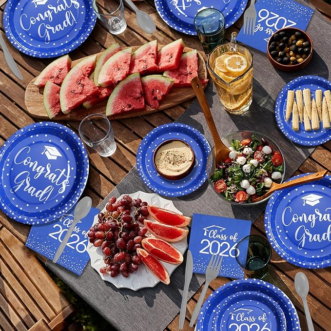 175pcs Class of 2026 Graduation Plates and Napkins Set, Disposable Paper Plate Set Polka Dots Napkins Cups Knife Fork Spoon for Graduation Party Decorations and Supplies,Serve 25 (Blue Silver)