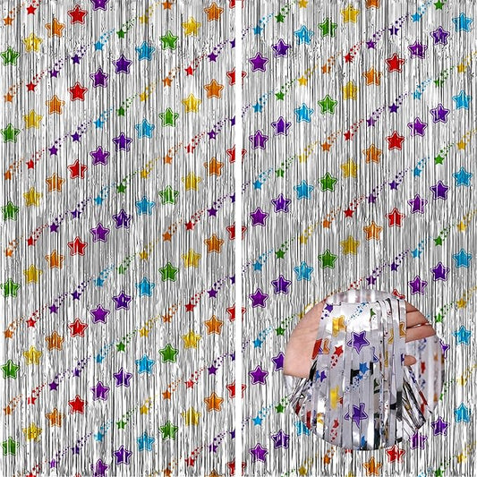 KatchOn, Star Silver Foil Fringe Curtains – Pack of 2 | Silver Fringe Backdrop for Birthday, Labor Day Decorations, Graduation Decorations 2026 | Star Streamers for Rainbow, Space Party Decoration