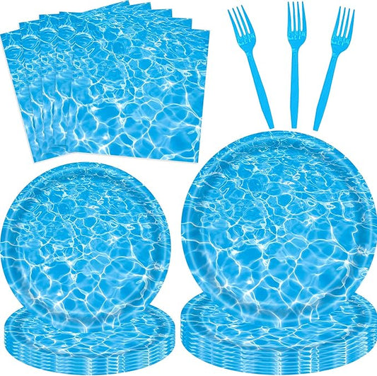 96 Pieces Ocean Wave Tableware Set Party Supplies – Water Pattern Themed Disposable Dinnerware with Paper Plates, Napkins, and Forks for Pool Parties, Beach Birthdays, and Summer Events – Serves 24