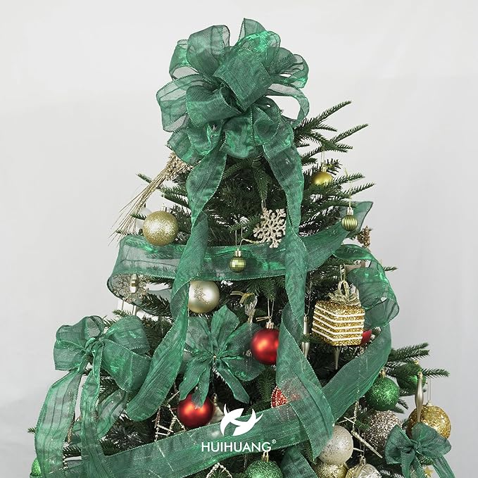HUIHUANG Dark Green Wired Ribbon 2.5 inch Metallic Crinkle Green Wire Ribbon for Christmas Tree, Bows Making, Wreath Making Supplies, Gift Wrapping, Holiday Home Decor, DIY Crafts -10 Yards