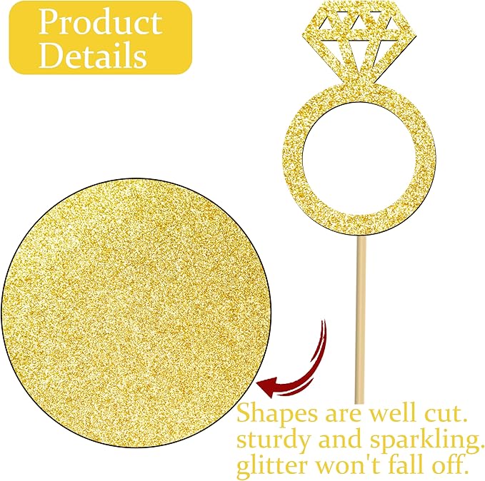 12pcs Gold Glitter Diamond Ring Theme Centerpiece Sticks Engagement Party Centerpieces for Table Wedding Party Table Decorations for Marriage Anniversary Bridal Shower Valentines Party Supplies