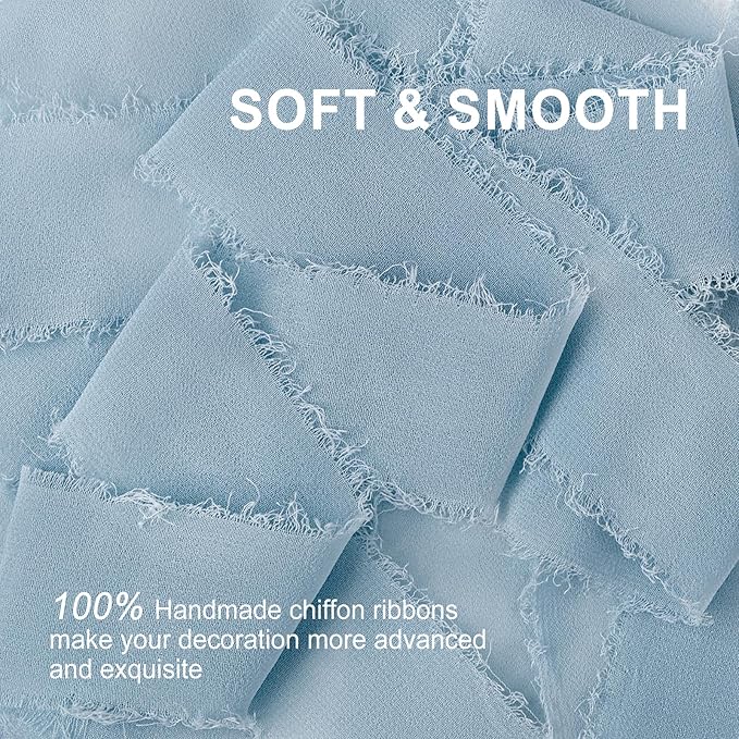 Dusty Blue Chiffon Ribbon 1.5" x 21 Yd Handmade Fringe Silk Chiffon Fabric Ribbon for Gift Wrapping Wedding Invitation Bridal Flower Bouquet DIY Crafts Home Decor