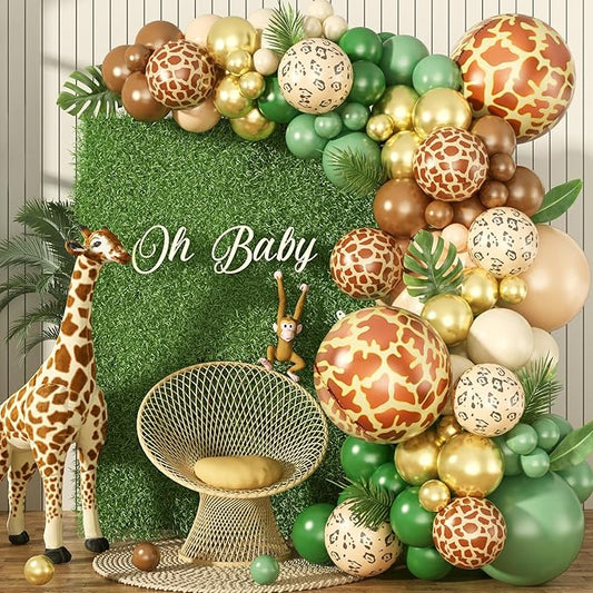Jungle Safari Balloon Arch Garland Kit, Sage Olive Green Brown Beige with Animal Print Wild One Ballons, Giraffe Balloon for Kids Safari Baby Shower Forest Woodland Theme Birthday Party Decorations