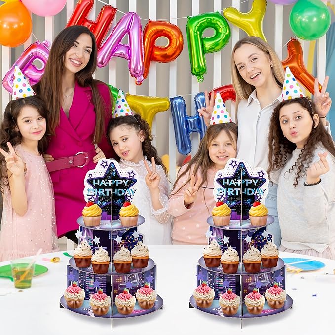 2Sets Singer Cupcake Stand Party Supplies - 3 Tier Summer Korean Pop Singer Happy Birthday Party Cupcake Tower Table Decoration Musical Fan Theme Dessert Tray Holder Cake Stands for Girl Women