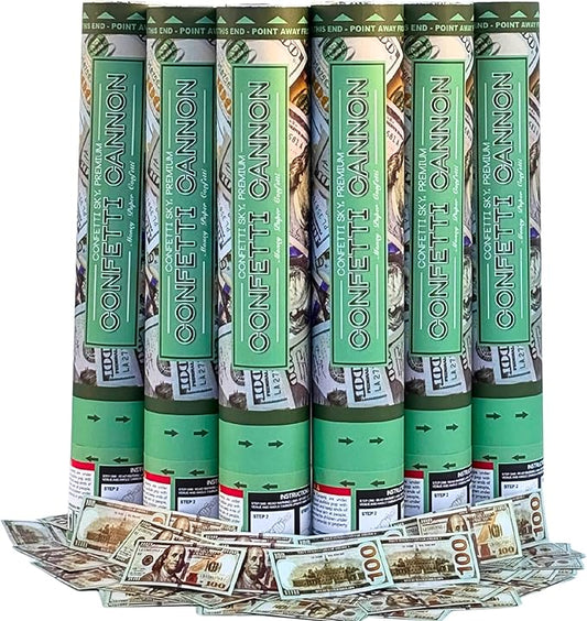 Confetti Sky [6 Pack] 12 Inch Confetti Cannons | Confetti Poppers for Wedding Celebration, Birthday Party, Pranks, Graduation, Christmas Eve and New Year Celebration (White (Money))