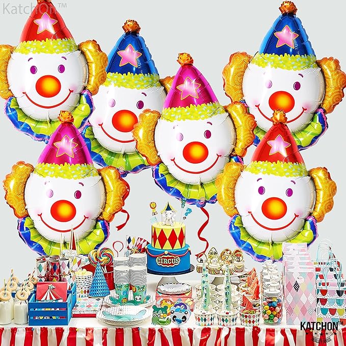 KatchOn, Large Clown Balloons Set - 32 Inch, Pack of 6 | Carnival Balloons for Carnival Decor | Clown Head balloons for Circus Theme Party Decorations | clown Birthday Decorations