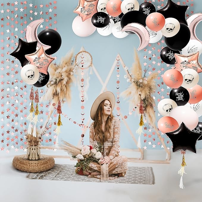 Cheerland Boho Party Decorations Rose Gold Black Balloon Kit Bohemian Birthday Decorations Cresent Moon Garlands Boho Theme Party Backdrop Halloween Party Decor