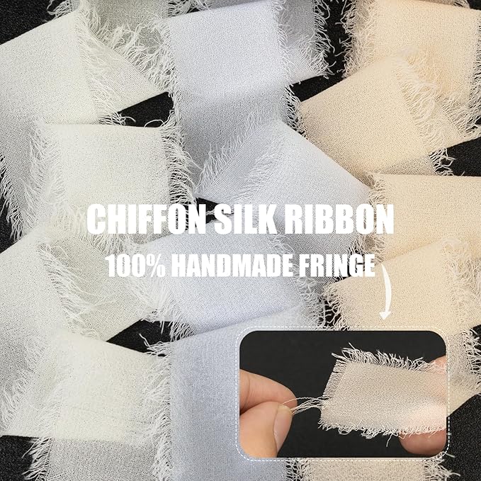 White Chiffon Ribbon 1 Inch x 21Yds Handmade Fringe Chiffon Silk Ribbon White/Cream/Nude Frayed Chiffon Ribbon for Wedding Invitation Flower Bouquets Gift Wrapping Bridal Shower Baby Shower