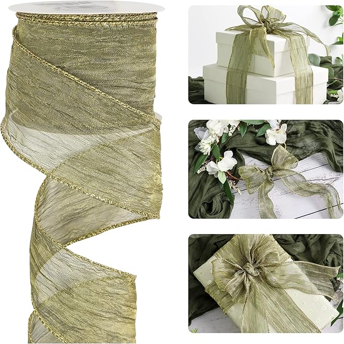 HUIHUANG Moss Green Wired Ribbon 2.5 inch Green Crinkled Silk with Gold Metallic Christmas Ribbon for Wreath Supplies Wedding Holiday Christmas Tree Decor Swags Gift Wrapping -10 Yards