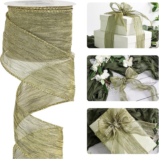 HUIHUANG Moss Green Wired Ribbon 2.5 inch Green Crinkled Silk with Gold Metallic Christmas Ribbon for Wreath Supplies Wedding Holiday Christmas Tree Decor Swags Gift Wrapping -10 Yards
