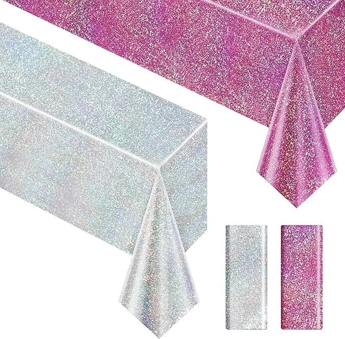 Just Shimmer Sparkling Holographic Laser Tablecloth - Shimmering, Waterproof, Easy to Clean - Ideal for Bachelorette, Birthday, Wedding, and Anniversary Party Decorations (Pink & Silver, 2)
