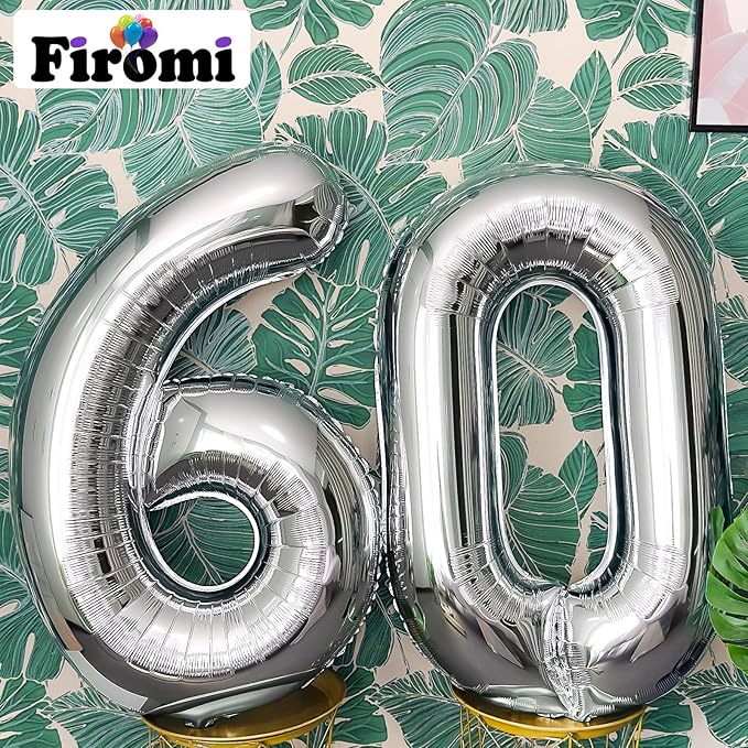 FIROMI 60 Number Balloons Silver Big Giant Jumbo Huge Foil Mylar 60 Balloon Numbers for 60th Birthday Party Anniversary Events Decorations 40-inches