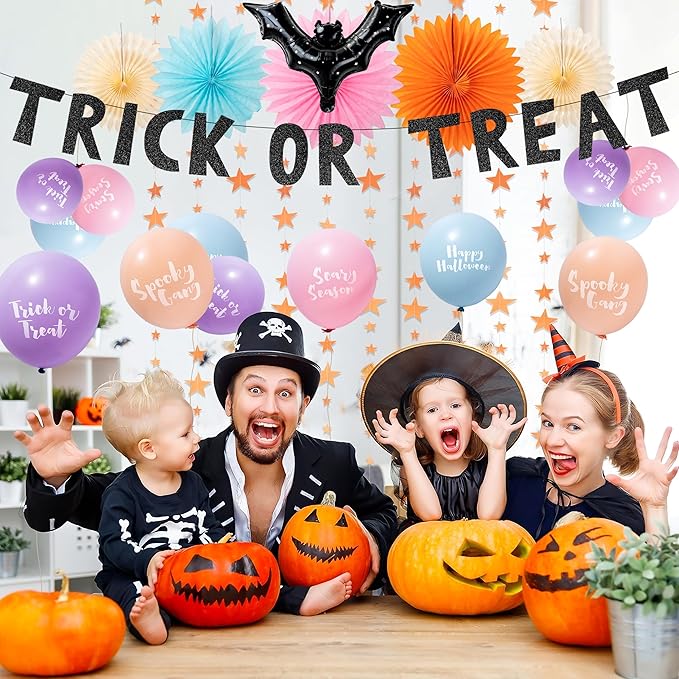 Cheerland Halloween Balloons Colorful Halloween Party Decoations Bat Garlands Pastel Halloween Decor Cute Ceiling Backdrop Photobooth Decor Star Streamers TTrick or Treat Banner Orange Paper Fan 23pcs