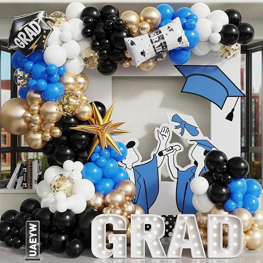 163pcs Graduation Balloon Arch Kit,Graduation Decorations 2026 with Black Gold Blue White Balloons Grad Cap & Diploma Foil Balloon for Congrats Class of 2026 Graduation Party Supplies