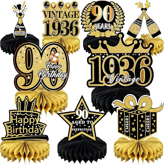 9 Pcs 90th Birthday Decoration for Men Women 90th birthday Centerpieces for Tables Decorations Cheers to 90 Years 1936 Birthday Honeycomb Table Topper Black and Gold 90th Birthday Party Favors