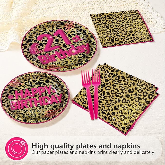 21st Birthday Decorations for Her, 96Pcs Cheetah Leopard Print Plates and Napkins Pink Leopard Print Supplies Happy 21st Birthday Tableware Set for Girls Safari Animal Party Decorations Serves 24