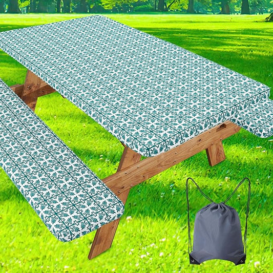 misaya Picnic Table Cover with Bench Cover, Waterproof Elastic Fitted Tablecloth for 6 Foot Tables, Rectangle Washable Polyester Tablecloths for Picnic, Camping, Outdoor (Turquoise, 30" x 72")