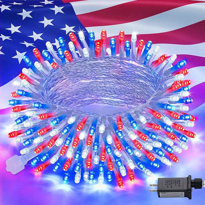 JMEXSUSS Red White and Blue Lights Clear Wire, 66 Ft 200 LED 4th of July Decorations String Lights Plug in, Christmas Light for Independence Day Celebration Party Memorial Day Patriotic Holidays Decor