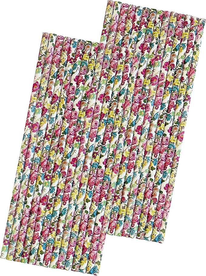 Rose Floral Paper Straws - Valentine Wedding Bridal Shower Birthday Valentine Party - Pink Yellow White - 7.75 inches - 50 Pack - Outside The Box Papers Brand