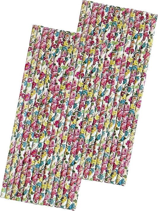 Rose Floral Paper Straws - Valentine Wedding Bridal Shower Birthday Valentine Party - Pink Yellow White - 7.75 inches - 50 Pack - Outside The Box Papers Brand