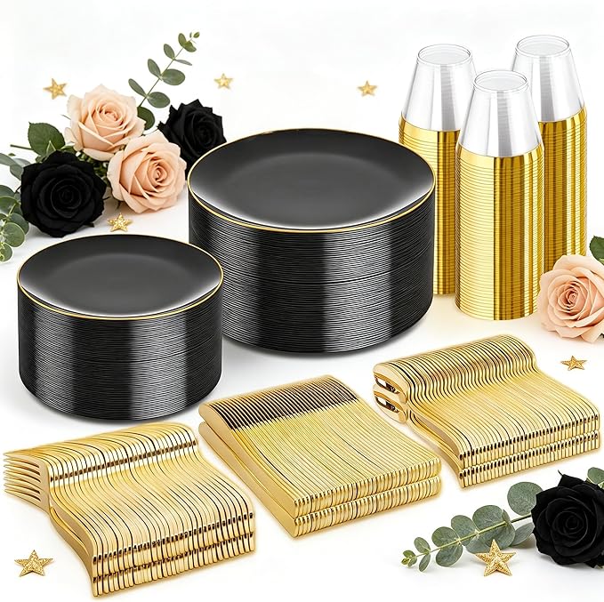 WDF 300PCS Black and Gold Plates - Black Plastic Plates for Party - 50 Guest Disposable Dinnerware Sets for Party/Wedding/Graduation/Memorial Day