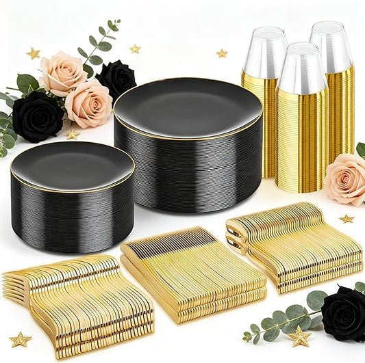 WDF 300PCS Black and Gold Plates - Black Plastic Plates for Party - 50 Guest Disposable Dinnerware Sets for Party/Wedding/Graduation/Memorial Day