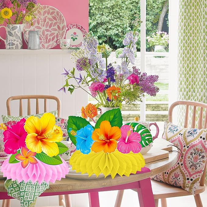 Hawaiian Tropical Party Honeycomb Centerpieces 12Pcs Hibiscus Flower Palm Leaves Centerpieces for Tables Hawaiian Flower Centerpieces Decorations for Hawaii Luau Aloha Party Supplies