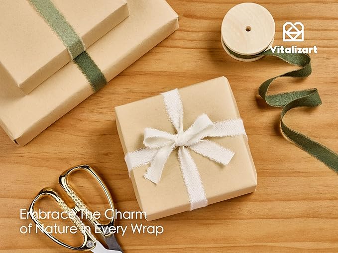Vitalizart Green Cotton Ribbon Handmade Fringe 5/8" x 21 Yd Pure Natural Cotton Ribbons for Gift Wrapping Wedding Invites Bridal Shower Bouquets Holiday Decor