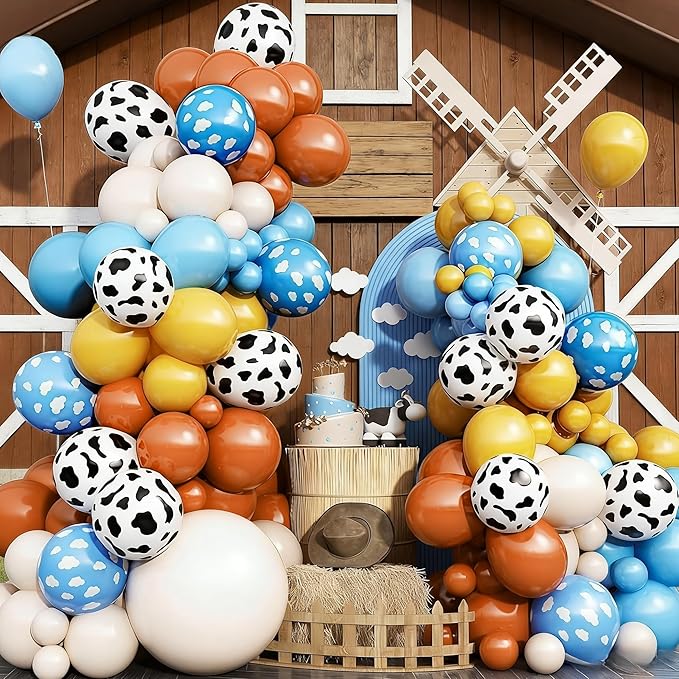 Toy Kids Balloons Arch Kit, Burnt Orange Blue Mustard Yellow Balloon Garland as It's A Story Boy Baby Shower Decorations, Cow Cloud Print Balloons Nude Balloon for First Birthday Party Supplies