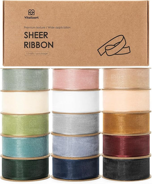 Vitalizart 1" x 150 Yd Organza Ribbon Mixed Color Sheer Ribbons Set 10 Yd x 15 Rolls Handmade for Gift Wrapping Christmas Tree Crafts Bows Wedding Invitations Wreaths Wrap