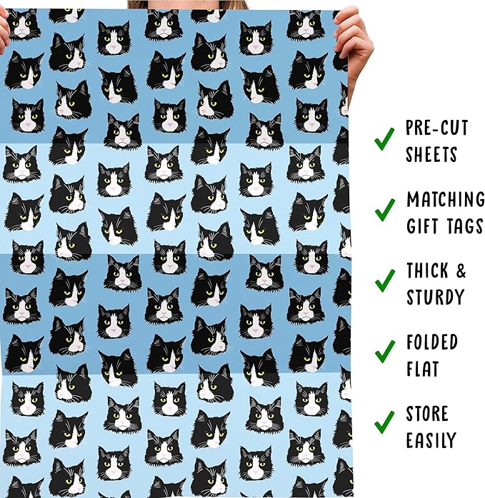 CENTRAL 23 Cat Wrapping Paper - Cat, Funny, Blue Tones - 6 Sheets of Giftwrap for Friends Coworkers Men Women - All Occasion Birthday - Comes With Stickers