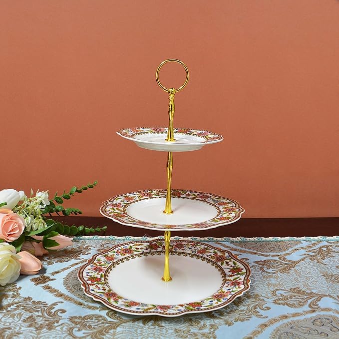ACMLIFE 3 Tier Cupcake Stands for Dessert Table, Vintage Floral Round Cupcake Stand, Bone China Cake and Cupcake Stand for Party, Birthday, Weddings, Pink