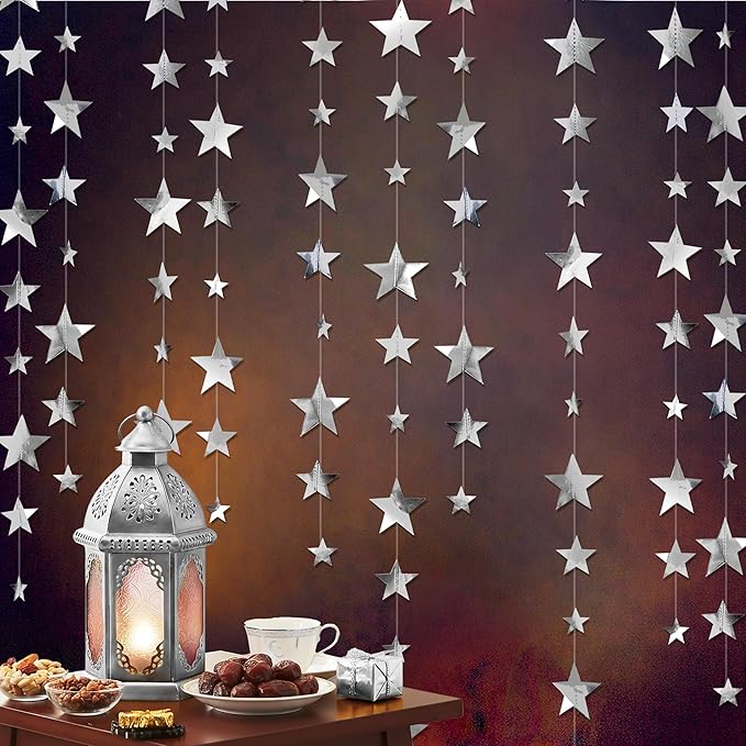 Cheerland 157ft Silver Star Garland Star Party Decorations Hanging Stars Prom Decoration 2026 Graduation Decor Paper Stars Streamer Banner Backdrop Shiny Starry Night Twillight Birthday Party Supplies