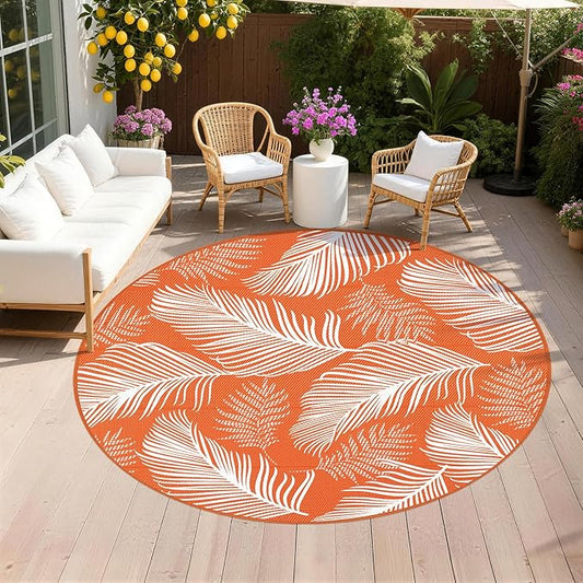 Pauwer Waterproof Outdoor Rug 8ft, Reversible Plastic Straw Patio Camping Rug, Indoor Outdoor RV Mat Carpet for Deck, Camper, Porch, Balcony, Backyard, Picnic, Leaf Orange