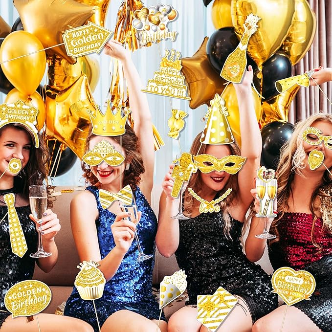 25 Pcs Golden Birthday Photo Booth Props Kit, Gold Glitter Stay Golden Birthday Party Decoration Set, Funny Happy Gold Bday Selfie Photo Props for Boys Girls Women Men, Birthdays Party Supplies